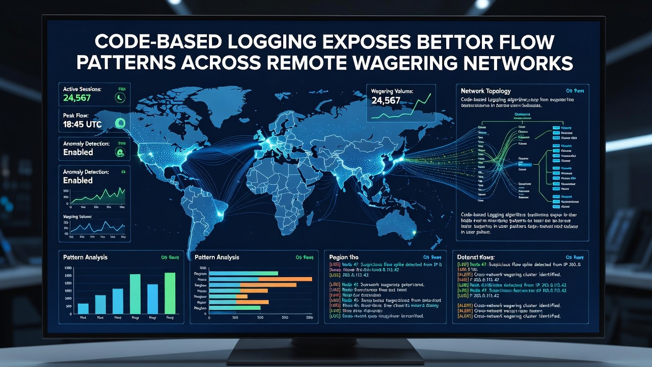 Visualization of bettor flow patterns with arrows tracing registration paths and session transitions across remote wagering network nodes