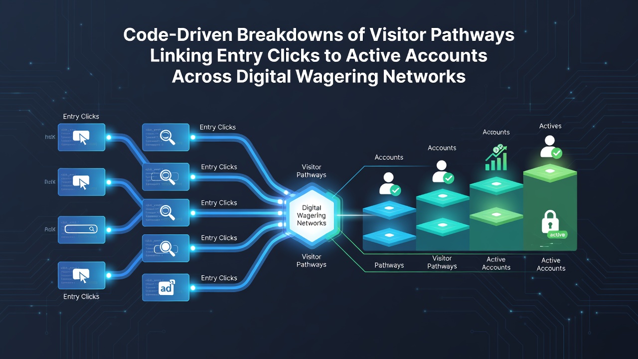 Visualization of code-driven visitor pathway tracking from entry clicks to active accounts in digital wagering networks