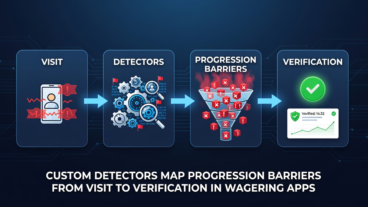 Custom detector interface showing user journey stages from initial visit through verification checkpoints in a wagering application
