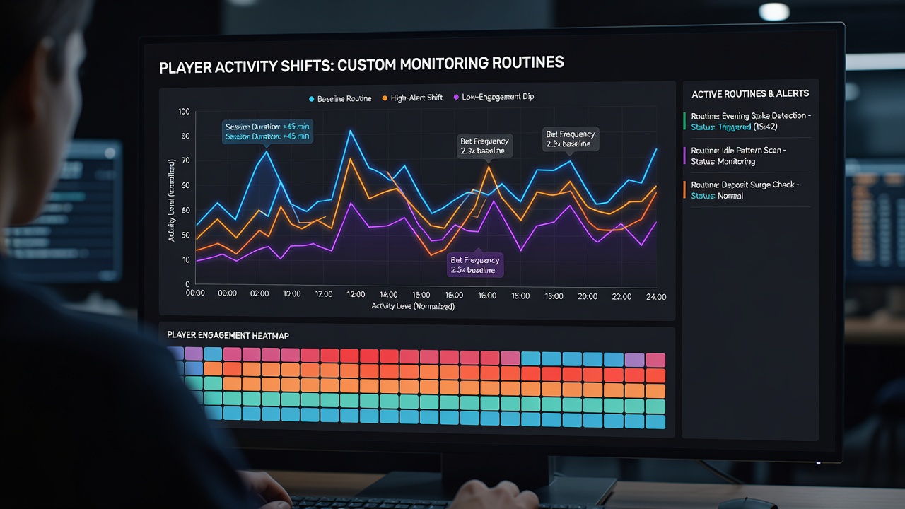 Analytics team reviewing graphs of player activity fluctuations captured through custom monitoring routines