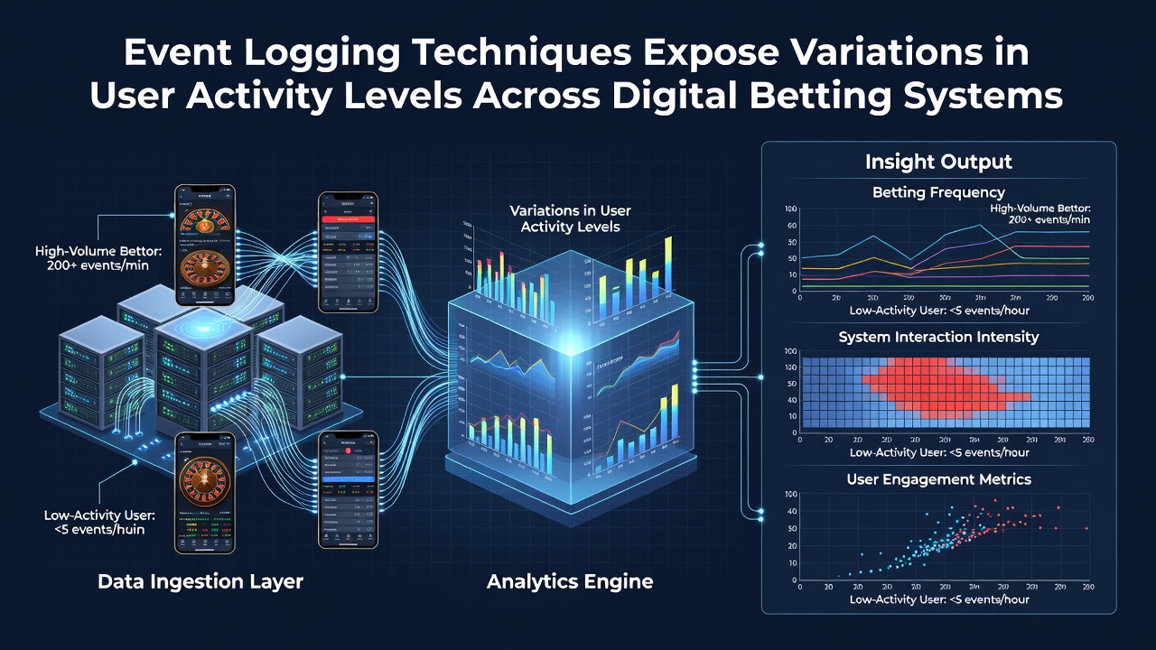 Event logging dashboard showing user activity patterns on a digital betting platform interface with charts and timestamps