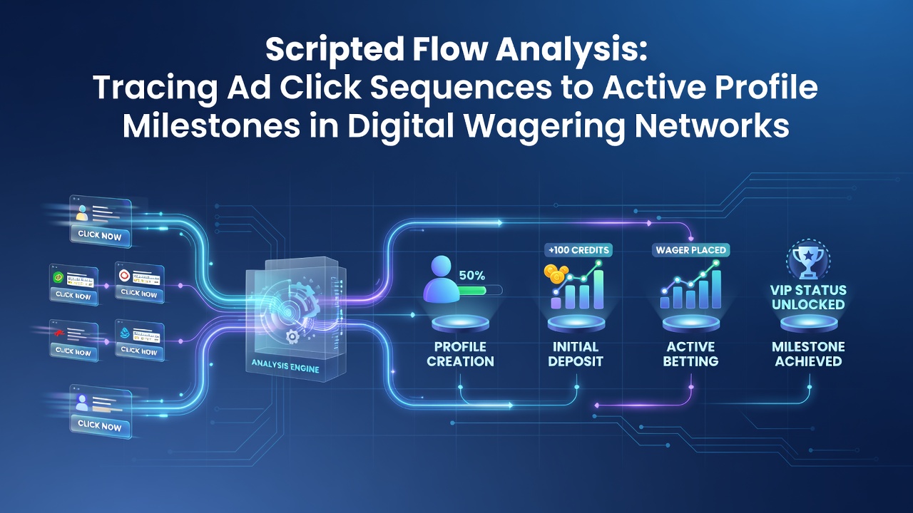 Diagram showing ad click sequences flowing into profile activation milestones on digital wagering platforms