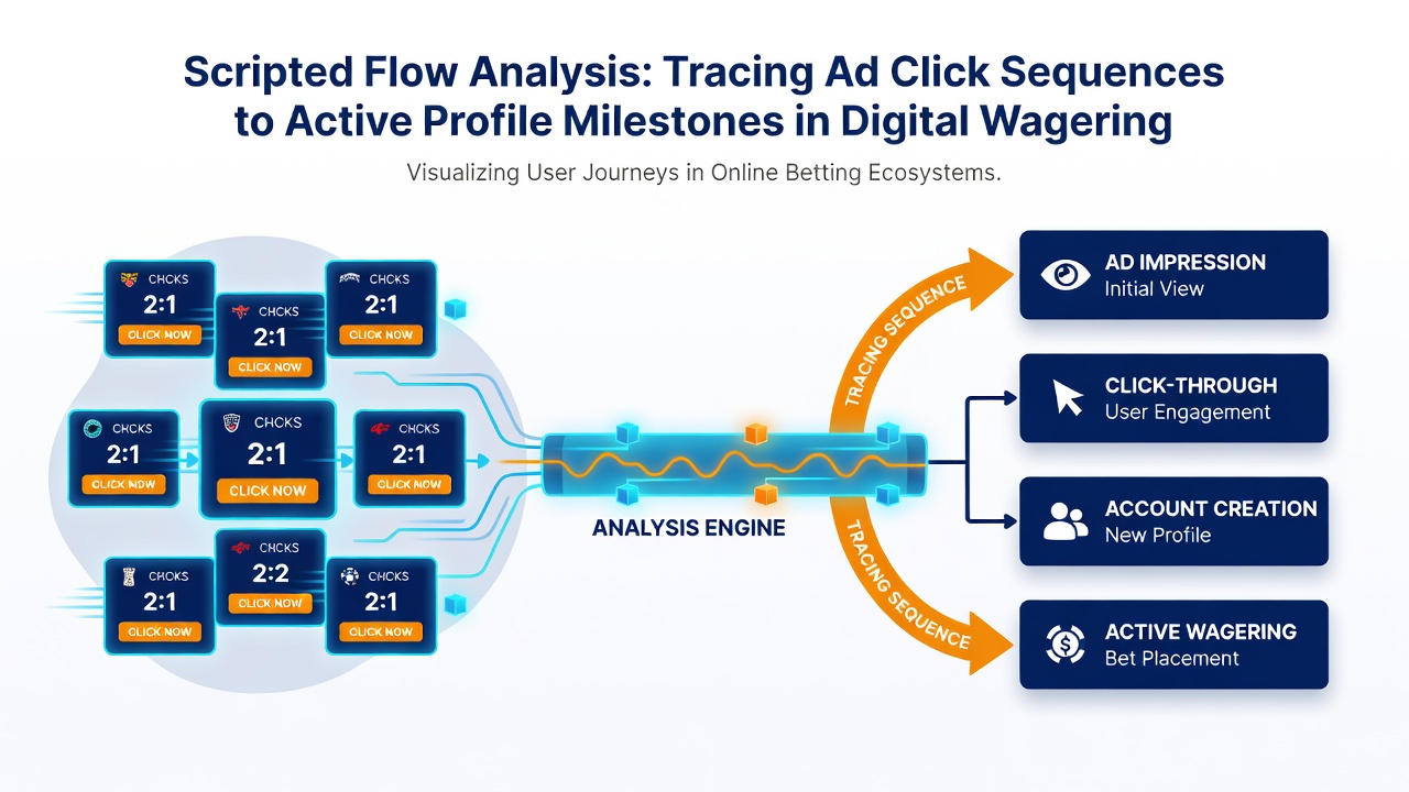 Flowchart illustrating scripted tracking from ad interactions to verified user profiles in betting networks