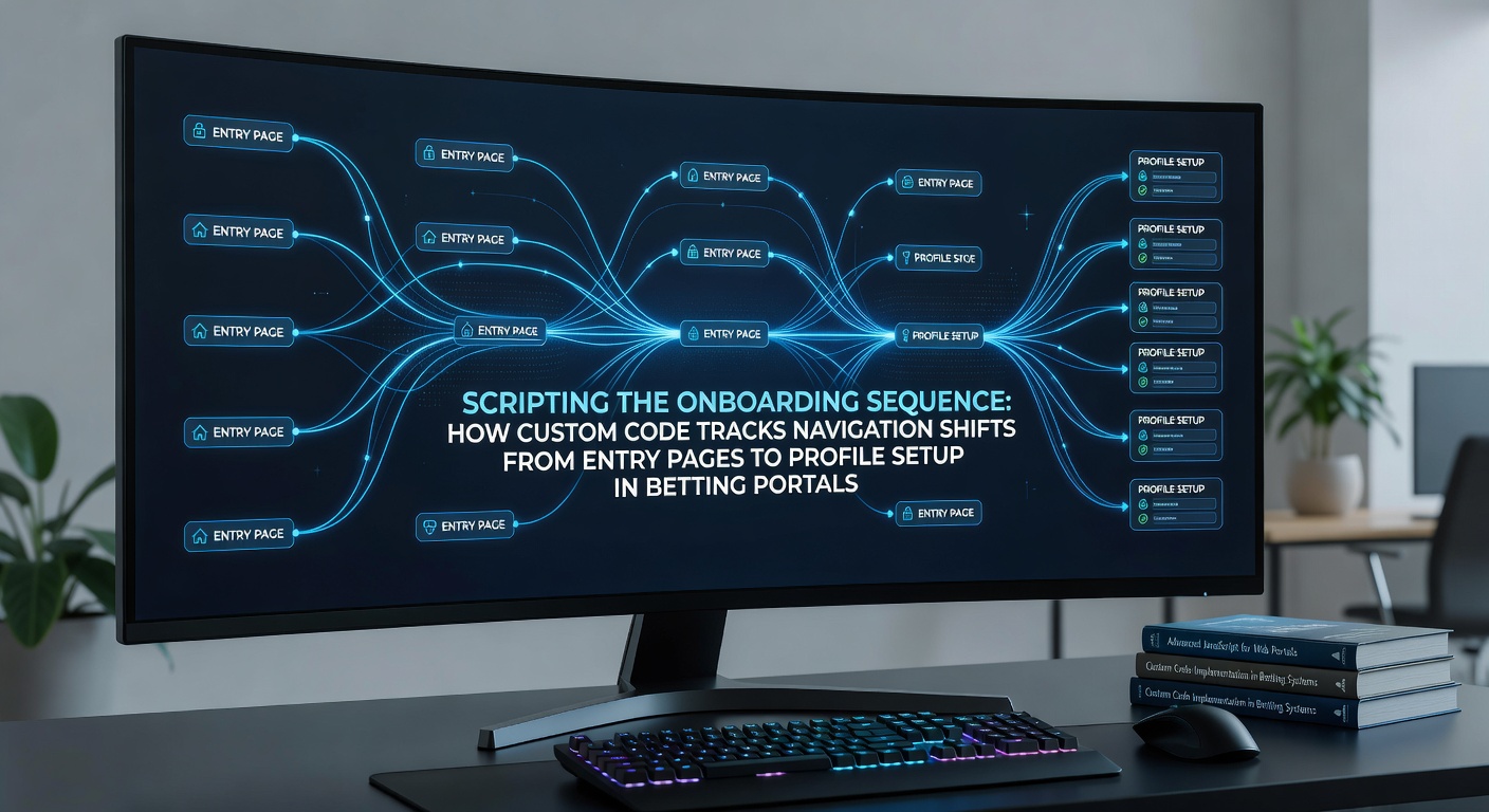 Diagram showing custom code tracking user navigation from entry pages through profile setup in betting portals