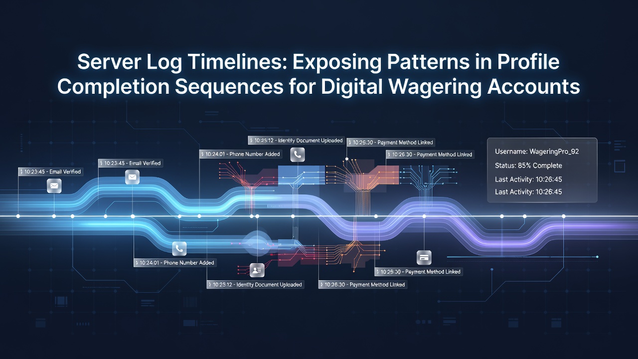 Server log timelines visualized as sequential data streams showing profile completion steps on wagering platforms