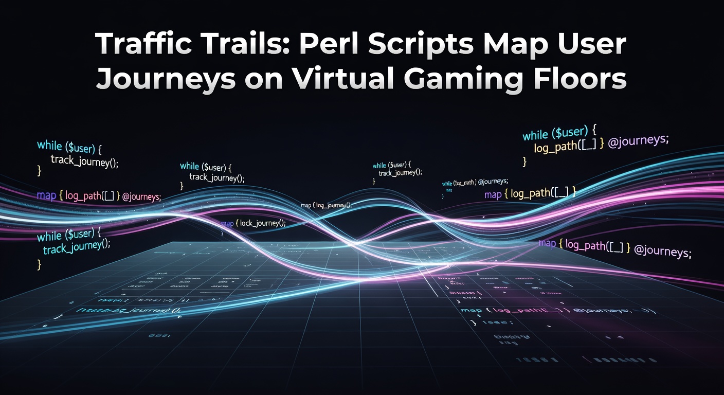 Visual representation of user paths weaving through a colorful virtual casino floor, highlighting popular routes to slots and tables